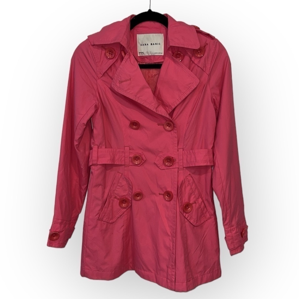 ZARA Bright Pink Double Breasted Button Closure Lapel Collar Belted Coat Small